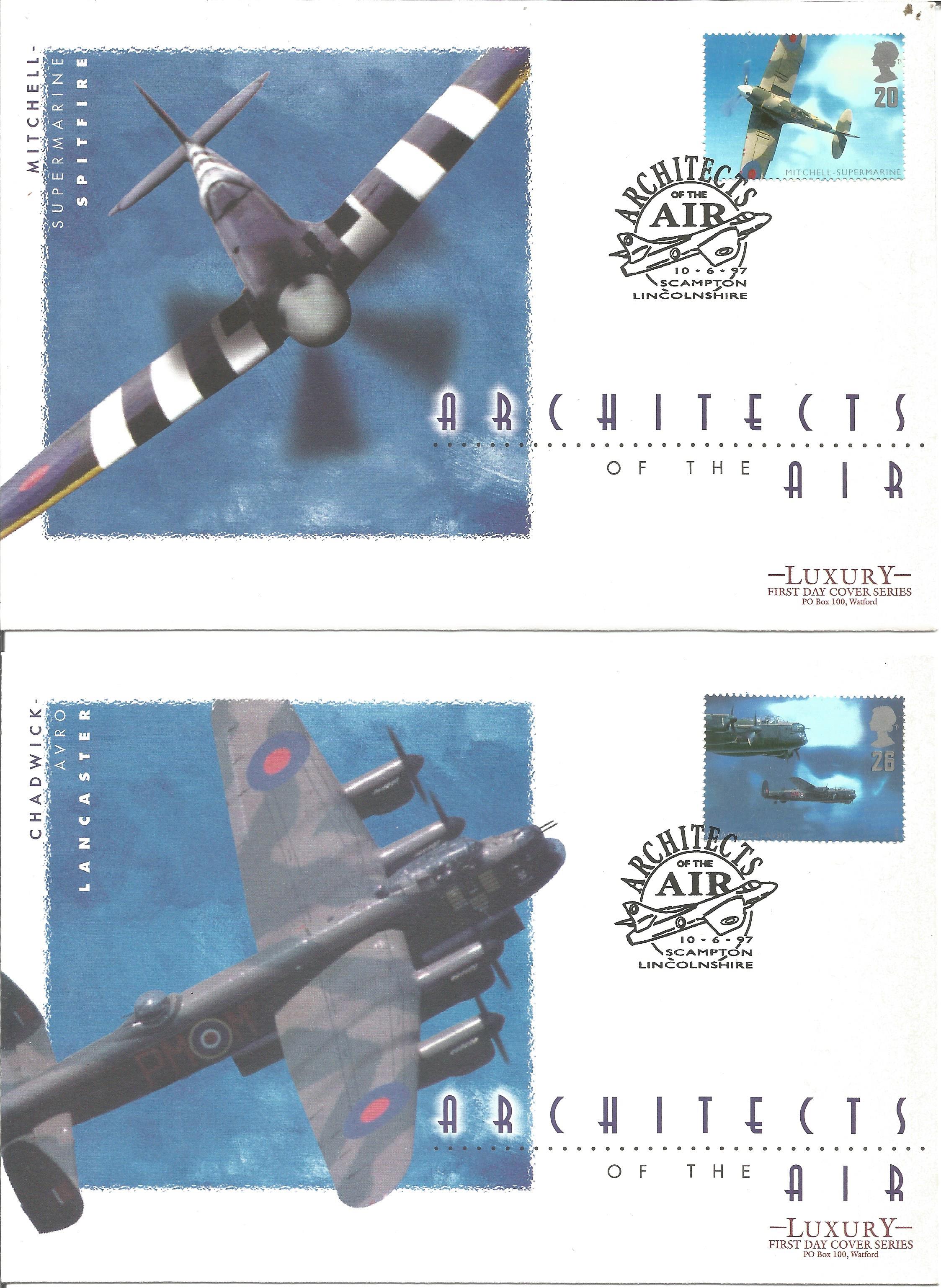 Set of 4 Architects of the Air FDC collection each with different stamp. Mosquito, Gloster Meteor,