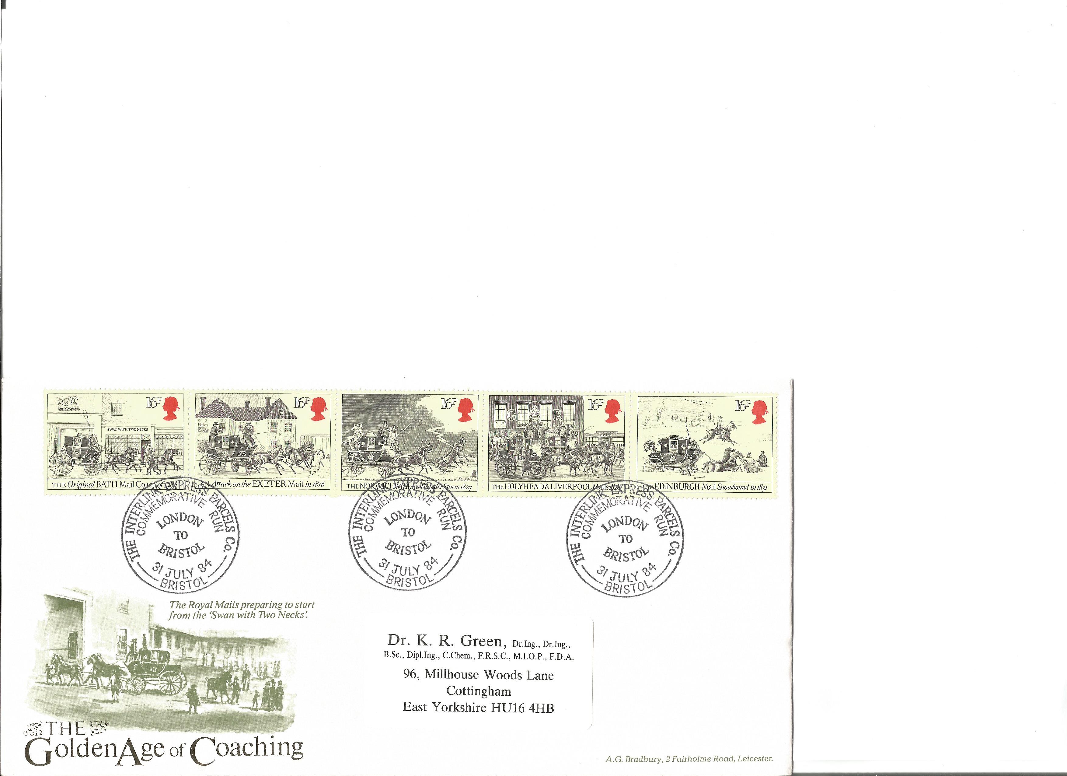 The Golden Age of Coaching FDC. 31/7/84 Bristol postmark. Full set of stamps. Good Condition. We
