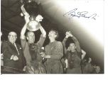 Sir Bobby Charlton signed 6 x 4 inch b/w photo holding the European Cup. Good Condition. We