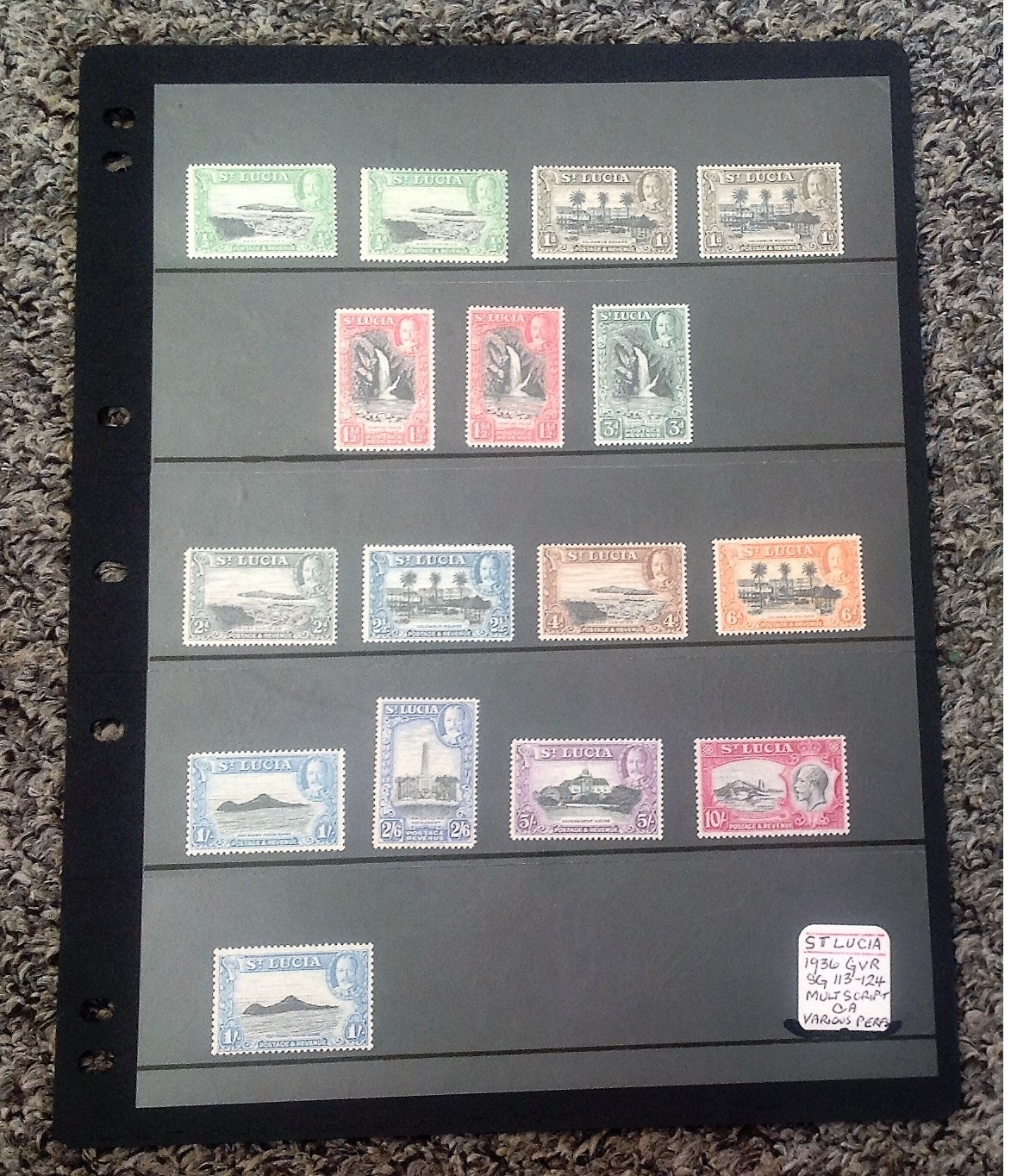 St Lucia mint stamp collection on stock card. 16 stamps. 1936 GV SG113/124. Cat value £111. Good