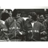 Alan Hudson 12x8 Signed B/W Photo Pictured With Alan Ball On England Duty. Good Condition. We
