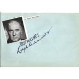 Sir Ralph Richardson signed album page with small black and white photo attached. Good Condition. We