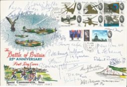 Multi signed large Battle of Britain 25th anniversary FDC special commemorative issue. Signed by 21.