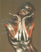Goldfinger James Bond Shirley Eaton signed 10 x 8 colour photo covered in gold. She has added the