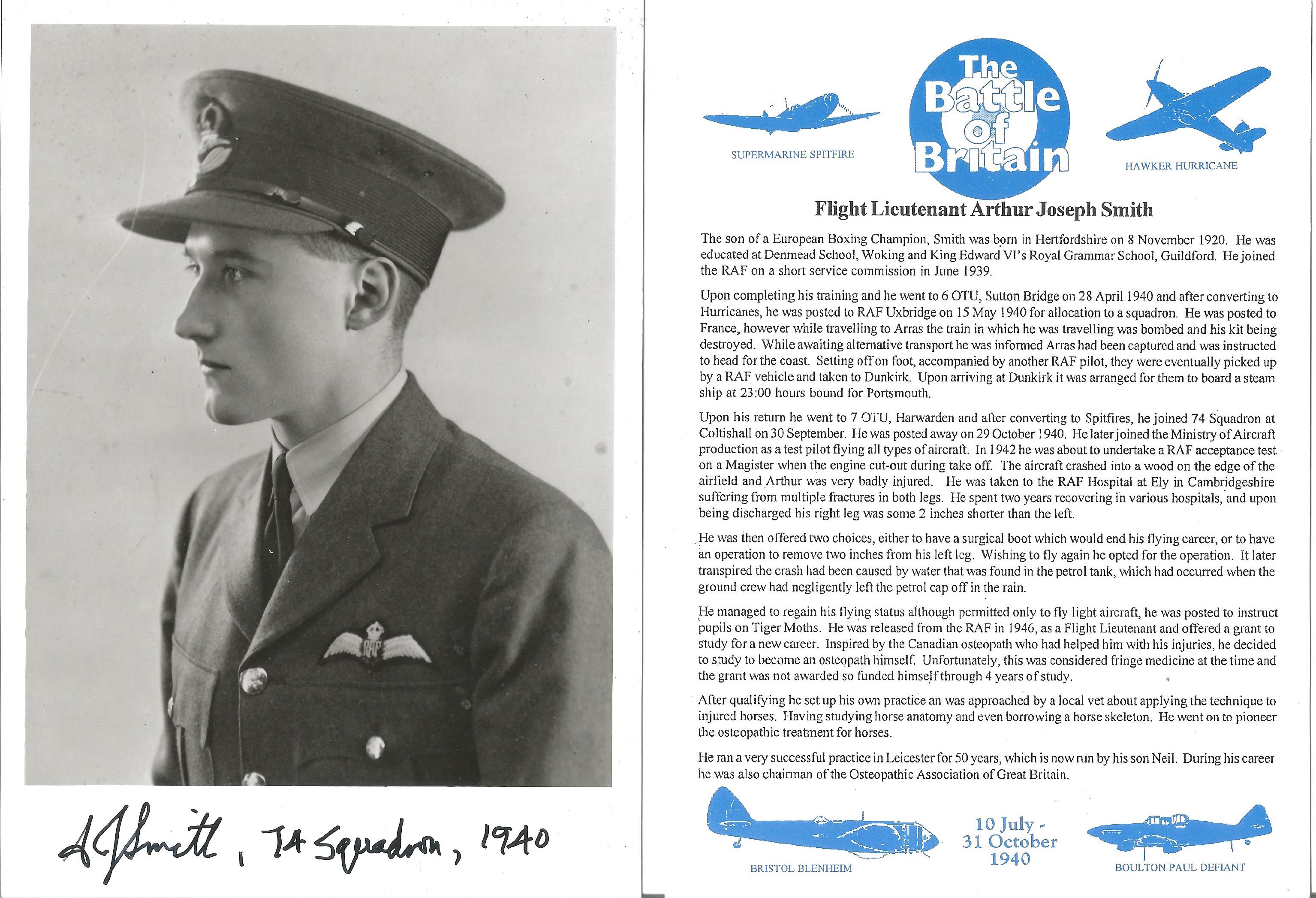 Flight Lieutenant Arthur Joseph Smith signed 7x5 black and white photo in uniform complete with