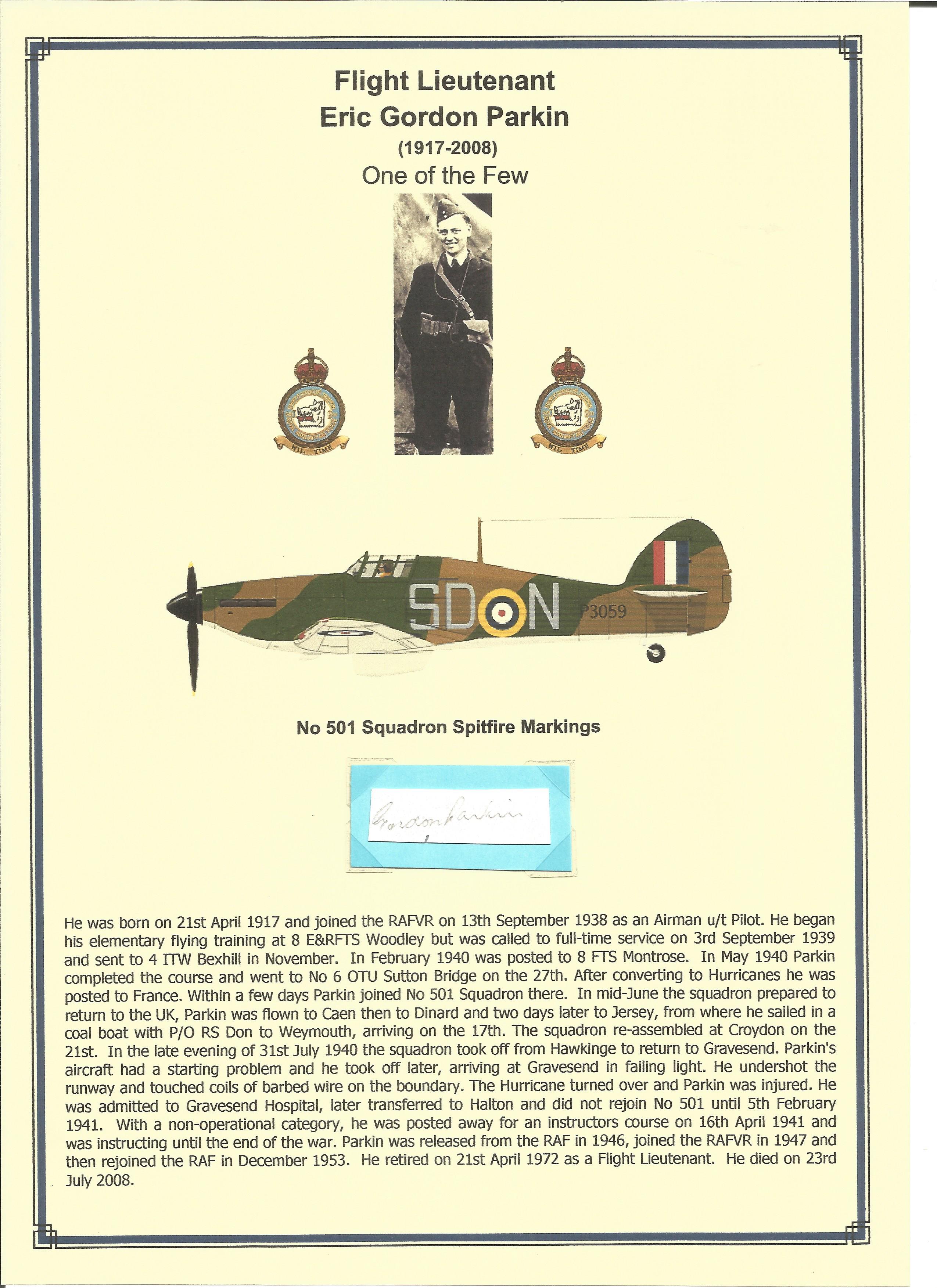 Flight Lieutenant Eric Gordon Parkin signature piece. WW2 RAF Battle of Britain pilot. Set into