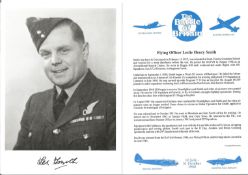 Flying Officer Leslie Henry Smith signed 7x5 black and white photo in uniform complete with bio