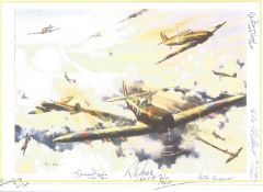 Battle of Britain 12x8 print fixed to card signed by six pilot and crew names include Trevor Gray 64