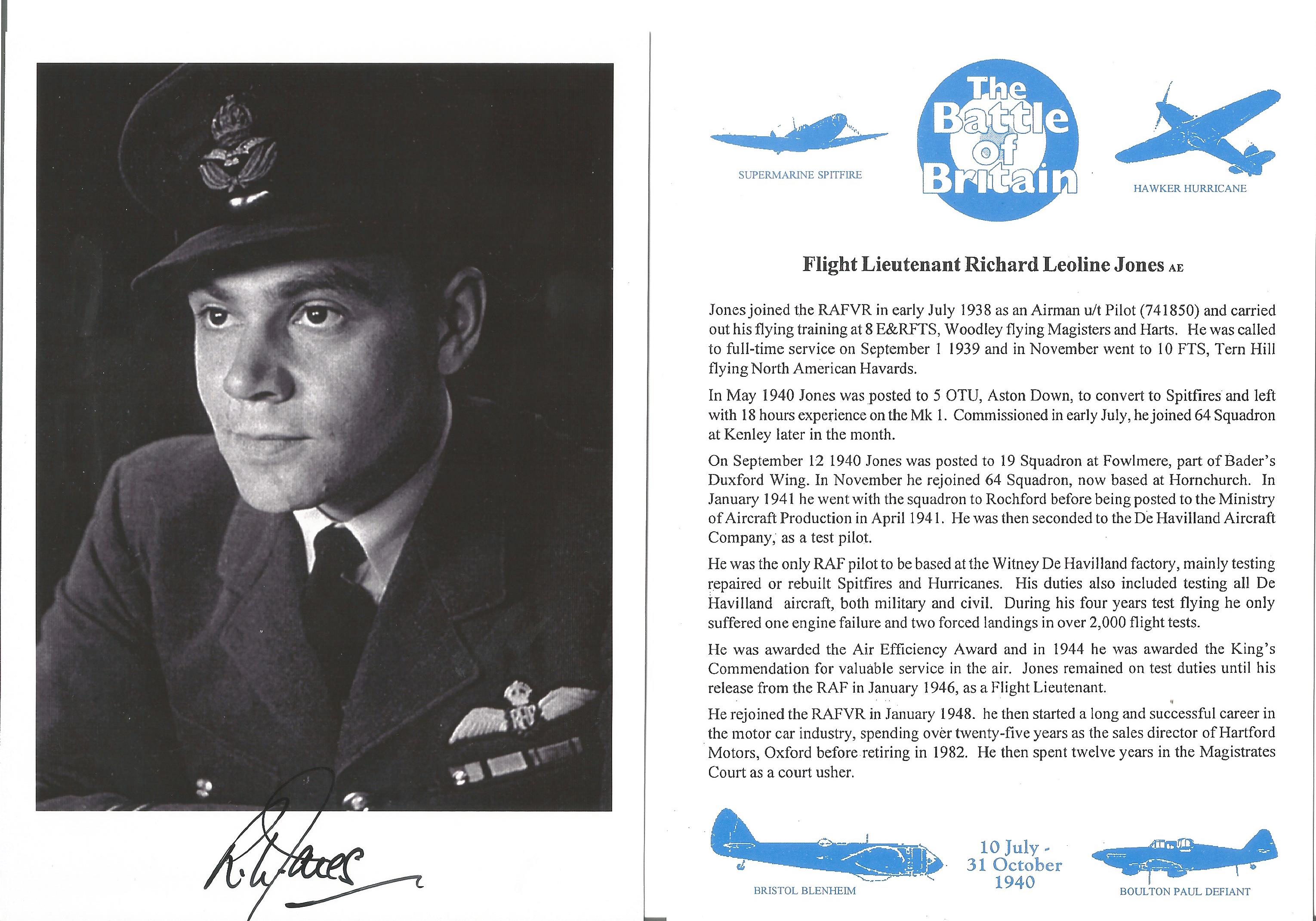 Flight Lieutenant Richard Leoline Jones AE signed 7x5 black and white photo in uniform complete with