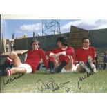 John Aston, Willie Morgan and Pat Crerand Man United Signed 12 x 8 inch football photo. Good