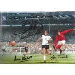 1966 Geoff Hurst, Martin Peters and one other signed 12 x 8 colour slightly grainy photo, Hurst