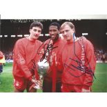 Steve McMahon, John Barnes and John Aldridge Liverpool Signed 12 x 8 inch football colour photo.