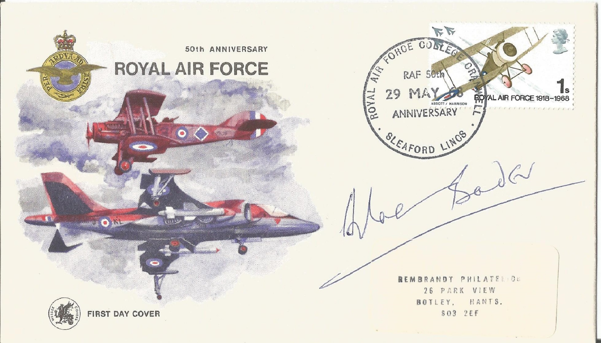 WW2 Douglas Bader signed 1968, 50th ann RAF cover with Sleaford RAF College postmark. Good