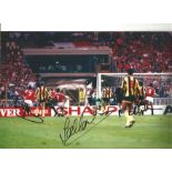 Bryan Robson Lee Martin and Mark Hughes Man United Signed 12 x 8 inch football photo. Good