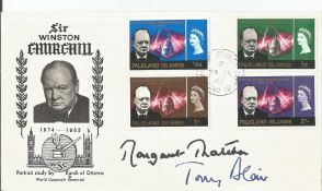 Margaret Thatcher and Tony Blair signed 1966 Winston Churchill Falklands Islands FDC. Good