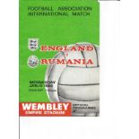 Football vintage programme England v Rumania Empire Wembley Stadium 15th January 1969. Good