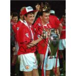 Bryan Robson and Steve Bruce Man United Signed 16 x 12 inch football photo. Supplied from stock of