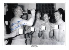 Bert Trautmann Collage Manchester City Signed 16 x 12 inch football photo. Supplied from stock of