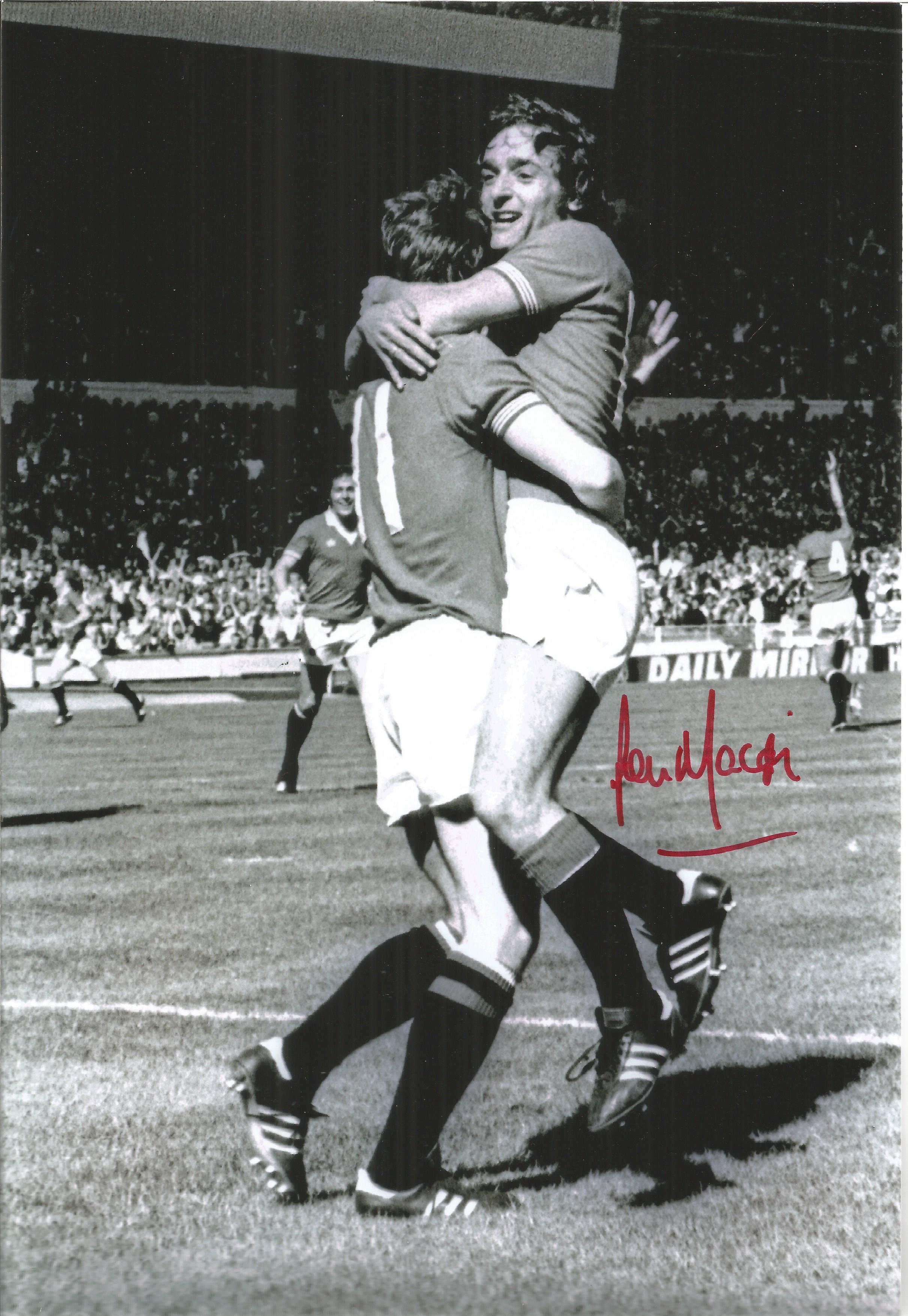 Football Lou Macari 10x8 signed black and white photo pictured celebrating while playing for