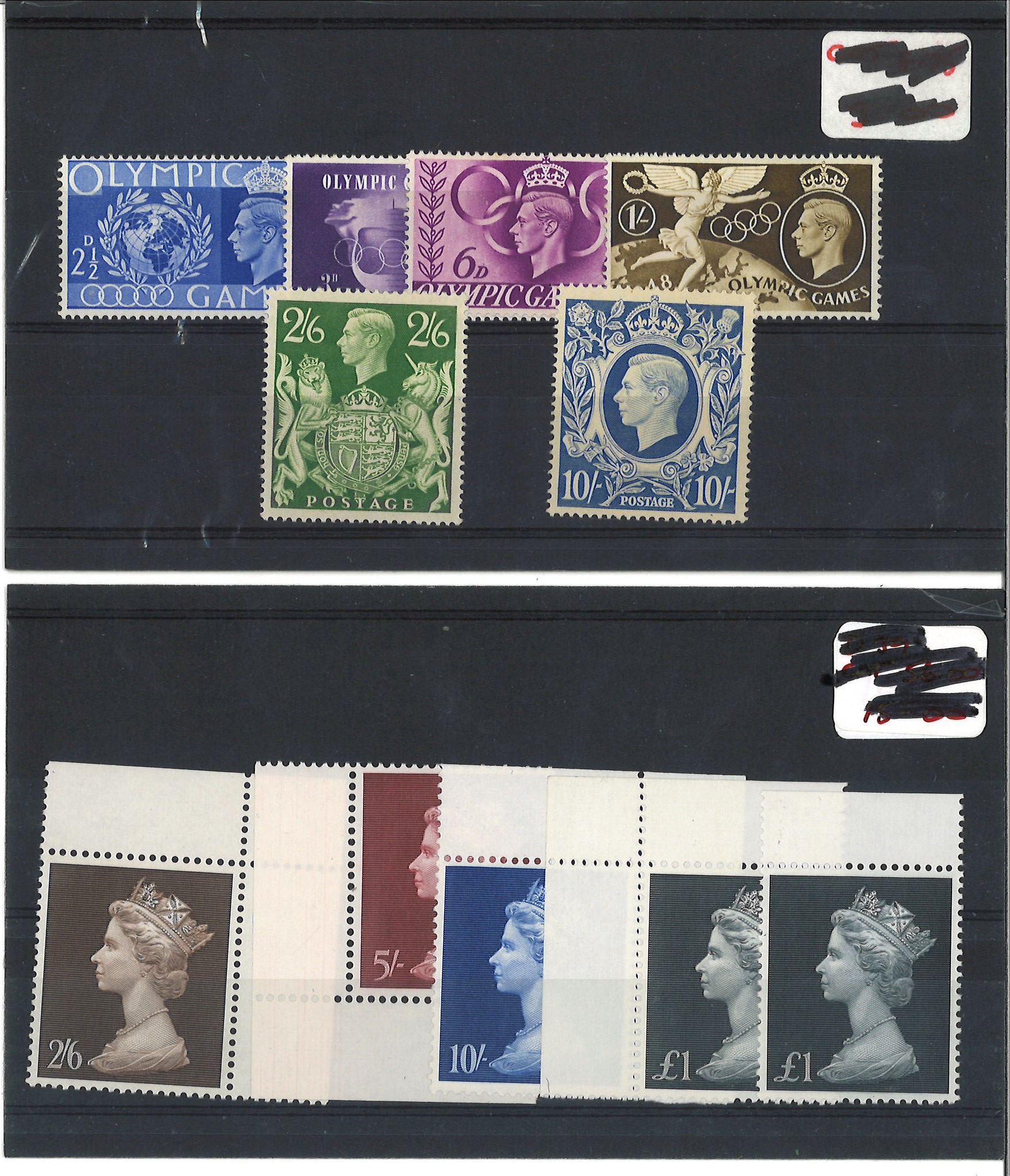 GB unmounted mint stamp collection. Includes 2/6d and 10/= 1939 Olympic Games set and QEII 2/6d