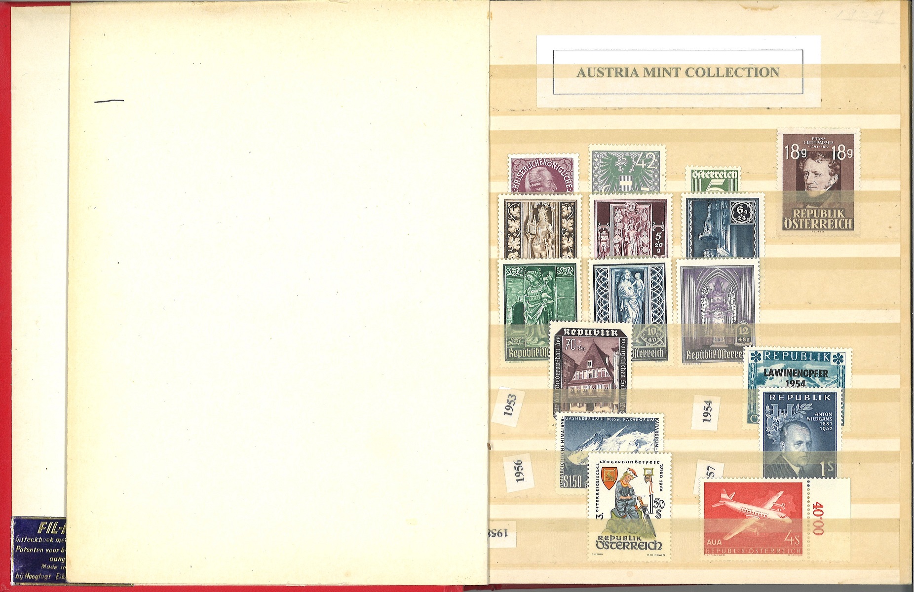 Austria stamp collection in red stock book. 250+ stamps. Mostly unmounted mint. 1953/1991. High