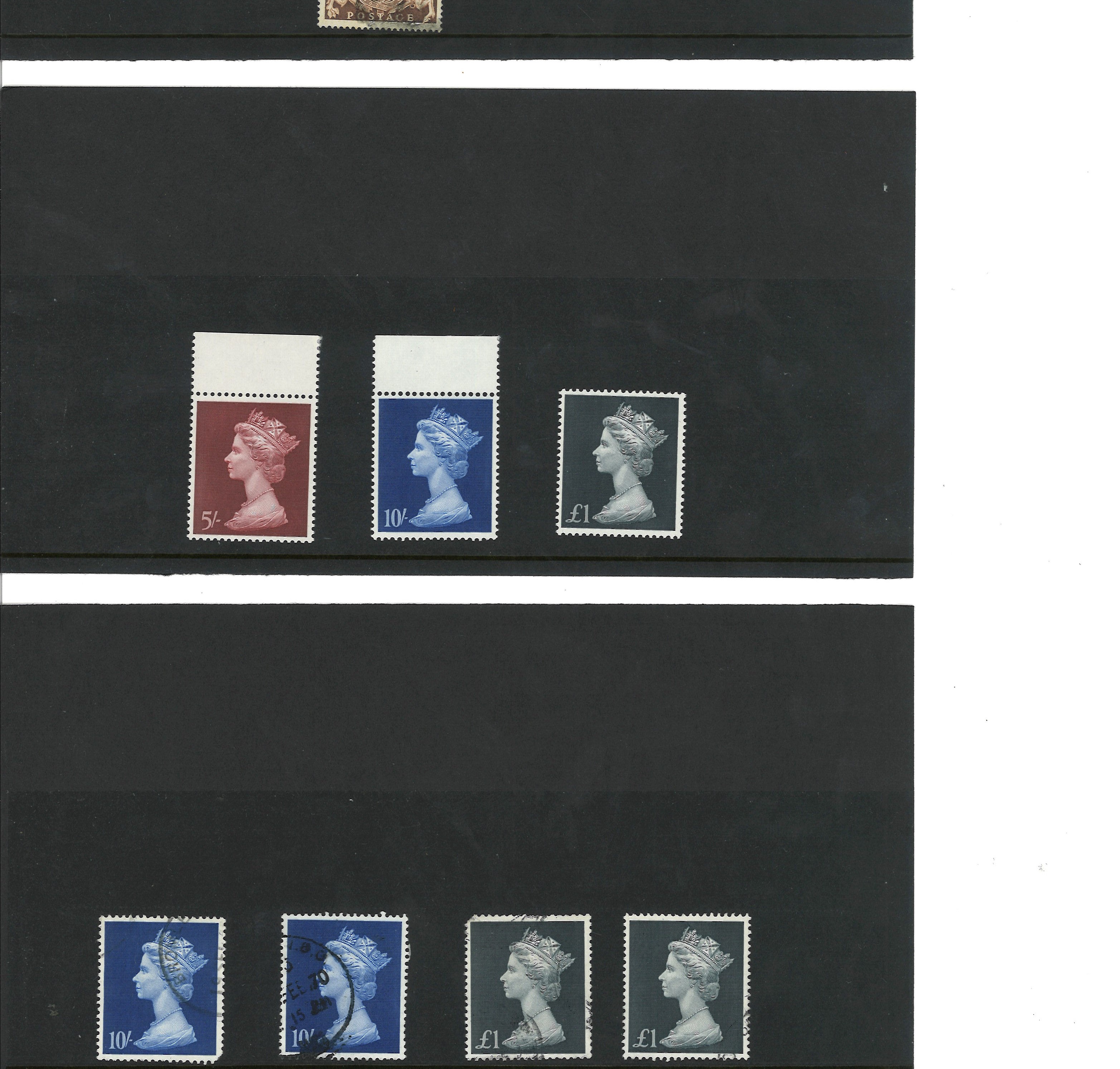 GB stamp collection. 8 stamps. Unmounted mint QEII defs. 5/-, 10/- and £1. Used QEII defs used