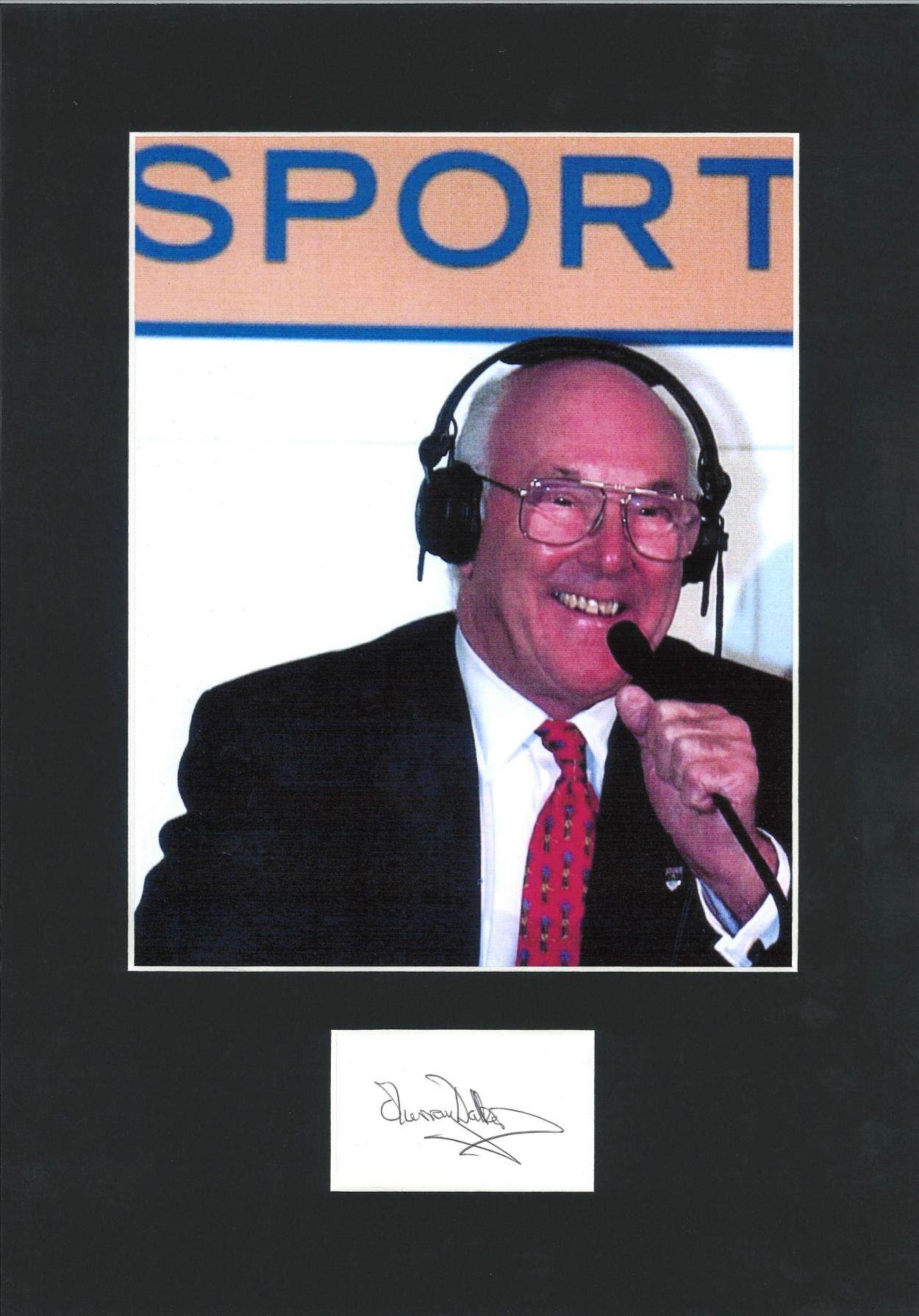 Murray Walker signature piece mounted below colour photo of the famous Formula 1 motor racing