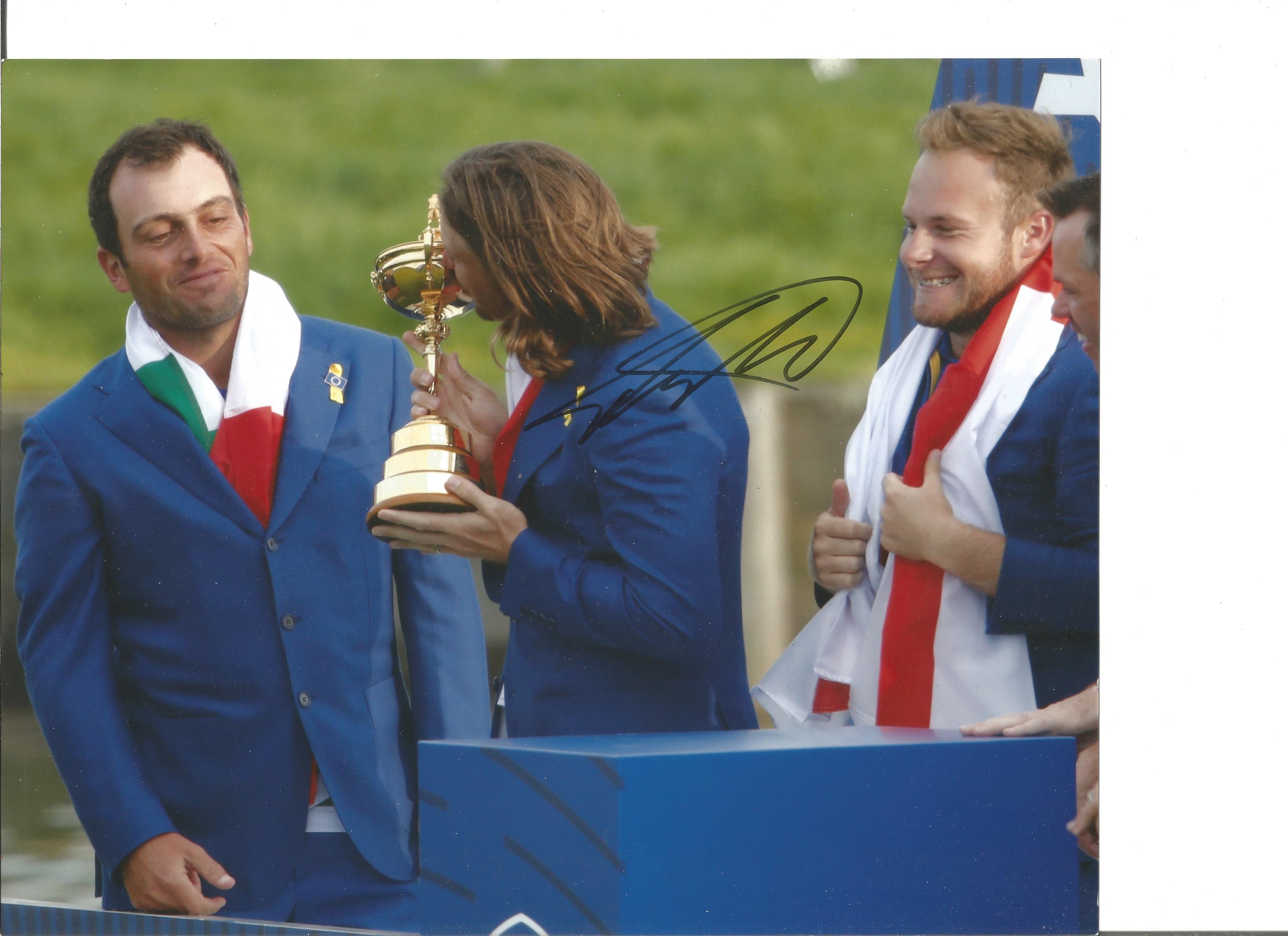 Golf Tommy Fleetwood 10x8 signed colour photo pictured celebrating after Europe's victory in the