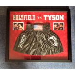 Boxing Evander Holyfield and Mike Tyson 33x28 signed mounted and framed boxing shorts superb