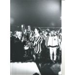 Football Johan Cruyff signed 12x8 black and white photo pictured receiving the European Cup during