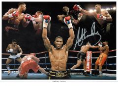 Boxing Anthony Joshua signed 16x12 colour montage photo. Anthony Oluwafemi Olaseni Joshua, OBE (born