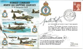 AM Sir G Clayton DFC, Sqn Ldr J Haskins WW2 RAF veterans signed 50th ann Bomber Command North Sea