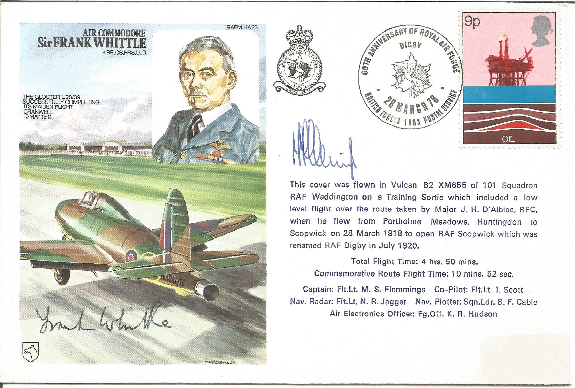 Sir Frank Whittle signed HA23 RAF cover. Flown in Vulcan B2 XM655 101sqn RAF Waddington signed by