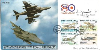 King Hussein of Jordan signed 1998, 80th ann RAF cover flown by Harrier. Only 250 issued. Good