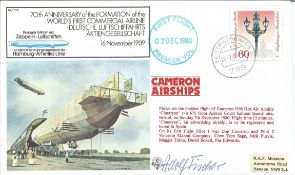 Zeppelin Ace Adolf Fischer signed 1980 70th ann Zeppelin cover FF8, flown by Cameron airship. Good