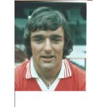 Lou Macari Signed Card With Manchester United 8x10 Photo. Good Condition. All signed pieces come