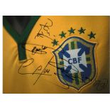Brazil multi signed 16 x 12 inch colour football photo. Good Condition. All signed pieces come