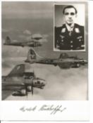 WW2 Luftwaffe ace Erich Rudorffer KC victories signed rare 8 x 6 inch b/w photo of bombers in flight