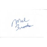 Mel Brooks signed white card. Good Condition. All signed pieces come with a Certificate of