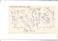 Man United 1968 Team signed on white card fixed to larger page. Includes George Best, Tony Dunne,