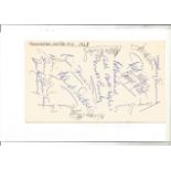 Man United 1968 Team signed on white card fixed to larger page. Includes George Best, Tony Dunne,