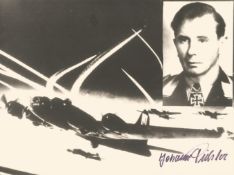 WW2 Luftwaffe ace Lt Johann Pichler KC 75 victories signed rare 8 x 6 inch b/w photo of bombers in