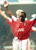 Dennis Bergkamp and Ian Wright. Arsenal Signed 16 x 12 inch football photo. Good Condition. All