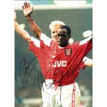 Dennis Bergkamp and Ian Wright. Arsenal Signed 16 x 12 inch football photo. Good Condition. All