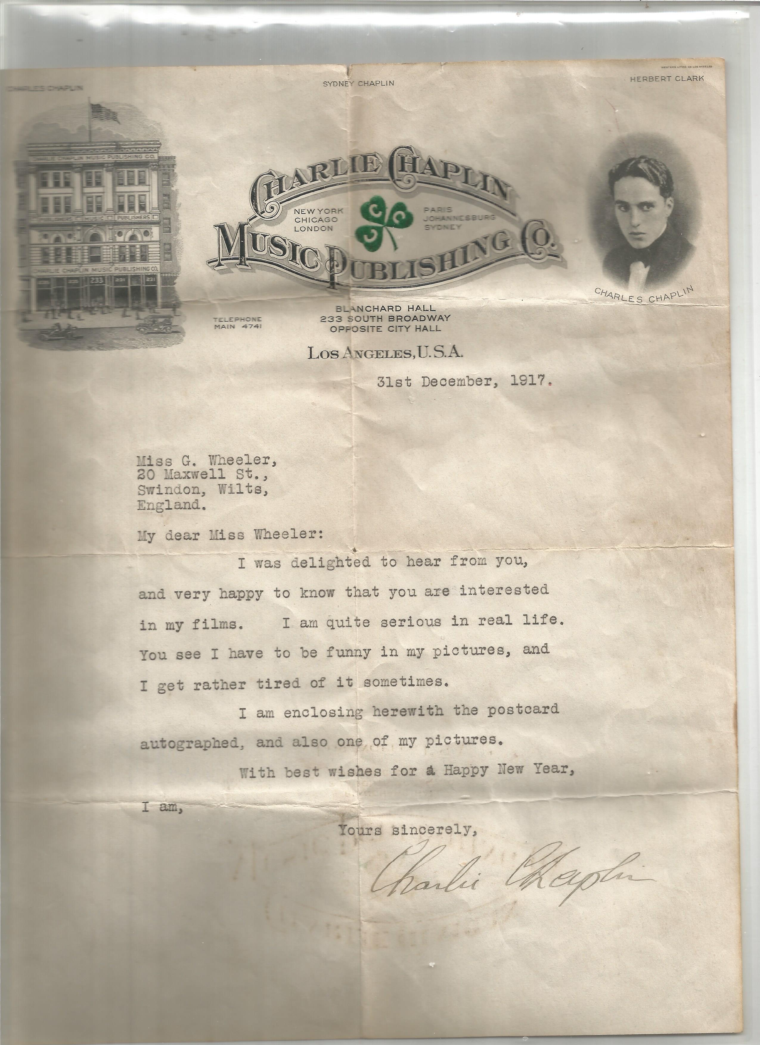 Charles Chaplin signed typed letter 1917 on his personal Music Publishing letterhead responding to a