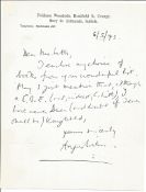 Writer Angus Wilson CBE 1973 hand written letter about book choice and amusing note that he would