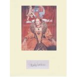 Glenda Jackson. Signature mounted with picture as Elizabeth I. Professionally mounted to 16"x12".