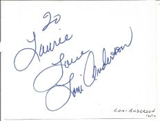 Loni Anderson signed 6x4 white card. Dedicated. Good Condition. All signed pieces come with a