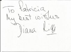 Diana Rigg signed small white card. Dedicated. Good Condition. All signed pieces come with a