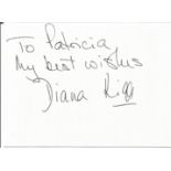 Diana Rigg signed small white card. Dedicated. Good Condition. All signed pieces come with a